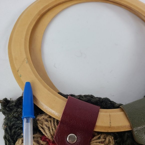 Jute Floral Crochet Handbag Purse Tote Boho Flowers Patchwork Wood Handle Bag - Picture 8 of 14